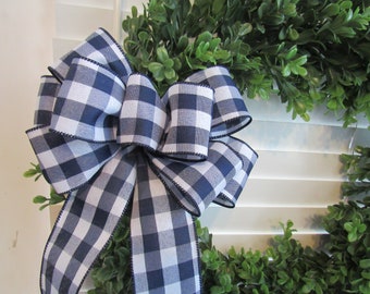 Navy blue and white Wreath bow, bow for wreath,  matte satin/taffeta finish wire edged ribbon, lantern bow, floral bow, gift or package bow,