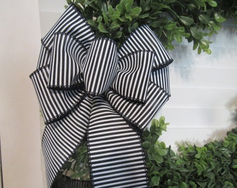Black and white stripe canvas bow, 9 loop hand tied bow, 2 1/2 inch wire edged ribbon