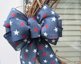 Patriotic wreath bow, 4th of July, wreath bow, 4th of July decor, Red and white stars on blue canvas ribbon, Americana decor, Memorial day