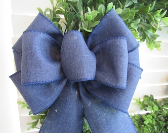 Navy blue wreath bow, hand tied canvas linen look bow, Patriotic bow, lantern bow, floral bow, 9 loop bow using 2 1/2 inch wire edged ribbon