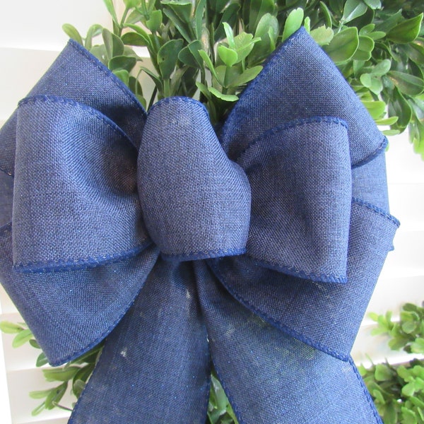 Navy blue wreath bow, hand tied canvas linen look bow, Patriotic bow, lantern bow, floral bow, 9 loop bow using 2 1/2 inch wire edged ribbon