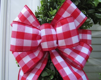 Wreath bow, red and white buffalo / gingham check bow, 9 loop hand tied bow, lantern bow, holiday decor, gift or package bow, home decor bow