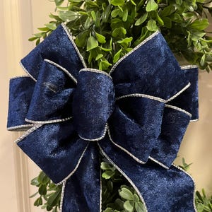 May include: A navy blue velvet bow with silver trim is the focal point of this image. The bow is set against a backdrop of green foliage, creating a visually appealing contrast. The bow's texture and color suggest a festive or decorative item.