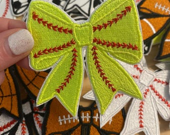 Iron-on Softball Bow Patch / coquette softball bow patch / hat patch / softball patch / embroidered patch / bag patch / cheer bow