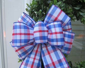 Wreath bow, Red, white and blue plaid woven wire edged ribbon, Patriotic bow, summer bow, gift basket or package bow, hand tied 9 loop bow