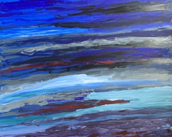 May include: Abstract painting with horizontal brushstrokes in shades of blue, gray, and purple. The painting has a layered effect, with darker shades at the top and lighter shades at the bottom.