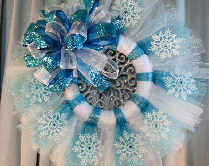 Christmas Wreath, Snowflake Wreath, Blue White Wreath, Tulle Winter ...