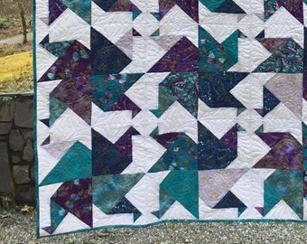 Teal and Blue Geometric Handmade Quilt