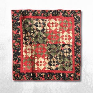 Red Green Floral Patchwork Quilt, Handmade Square Lap Throw, Table Cover, Traditional Cottagecore Bedding