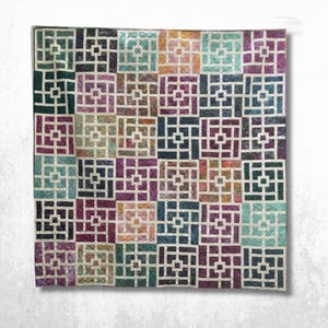 Handmade Queen Quilt, Modern Geometric Patchwork Bedspread, Jewel Tone Batik Bedding, 96 x 96 Cotton Wool Quilt