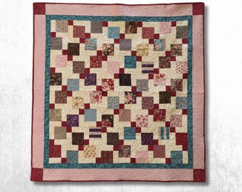 Dusty Rose Quilt - Handmade Patchwork Throw, Square Lap Quilt, Vintage Floral Cottagecore Beddin