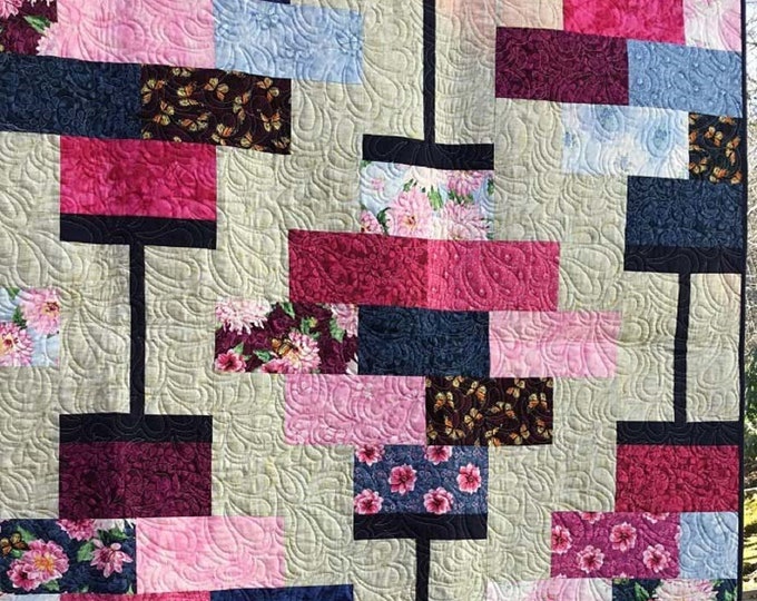 Pink Quilt Twin, Asian Inspired Quilt, Twin Quilt Handmade, Twin Quilt