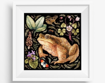 Impresión de arte de sapo - Impresión de sapo ilustrada - Impresión de rana con plantas y setas- Decoración de la habitación para niños - Impresión pequeña de rana