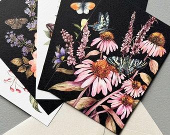 Botanical postcards with insects - Illustrated butterflies postcards - Set of 5 postcards - Watercolour butterflies A6 postcards