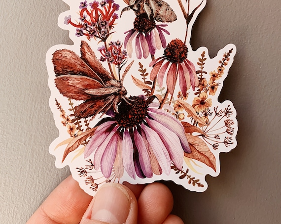 Late Summer Moths vinyl sticker - Moths illustration sticker - Moths and flowers sticker - Botanical sticker - Waterproof sticker