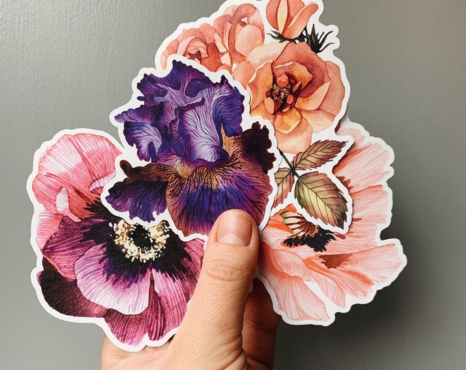 Featured listing image: Flower vinyl sticker - Peony Iris Rose sticker pack - Floral stickers - Waterproof stickers - Botanical flower stickers