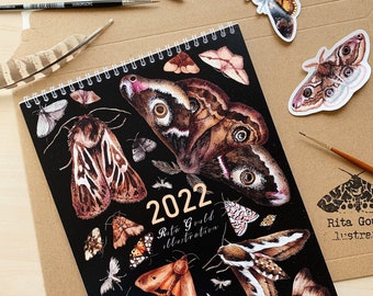 2022 Wall Calendar  - Moths A4 Calendar 2022 - Christmas gift - 2022 Illustrated Art Calendar- New Year Gift