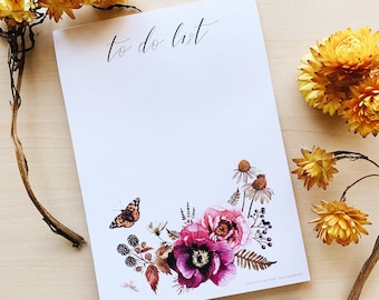 A5 Notepad - Botanical flowers Notepad - To do list - Tear off floral notepad - Organiser - Stationery - Flower notepad - Desk pad