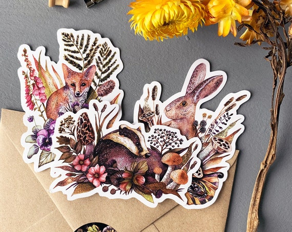 Fox, Rabbit and Badger sticker set - Animals with plants sticker set of 3 - Woodland Animals Stickers - Illustrated wildlife sticker