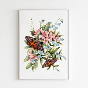 Kaiser Motten auf Apfelblüte Schmetterling Kunst Motten Décor Rosa Blumen Druck Florale Wandkunst Botanische Kunst Bild 1