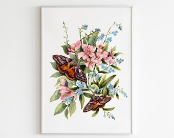 Emperor Moths on Apple Blosson - Butterfly Art - Moths Décor - Pink flowers print- Floral wall art - Botanical art