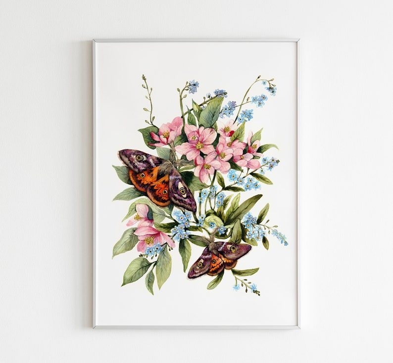 Kaiser Motten auf Apfelblüte Schmetterling Kunst Motten Décor Rosa Blumen Druck Florale Wandkunst Botanische Kunst Bild 1