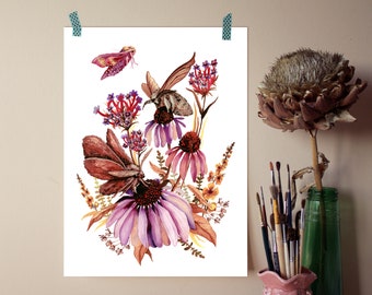 Late Summer Moths gouache and watercolor illustration - A4 Giclee Print