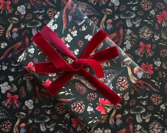 Christmas Wrapping Paper - Red Grouse, pinecones and mushrooms - Luxury Gift Wrap - Game bird with christmas foilage