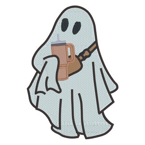 May include: A white ghost with black eyes holding a brown and gray coffee cup with a straw. The ghost is wearing a brown strap across its chest.