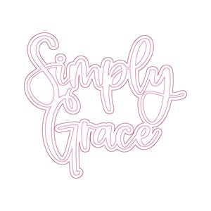 Puede incluir: Un diseño digital con las palabras "Simply Grace" en una fuente cursiva. El diseño está delineado en un color rosa oscuro.