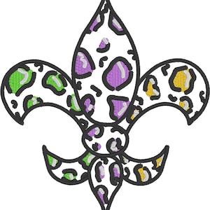 May include: A white fleur-de-lis with a purple, green, and yellow leopard print design.