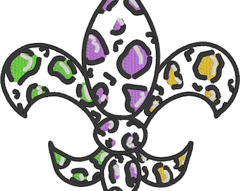 May include: A white fleur-de-lis with a purple, green, and yellow leopard print design.