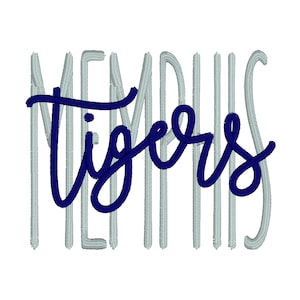 May include: Embroidered design featuring the words "Memphis Tigers" in blue and gray thread. The word "Tigers" is in a stylized script font.