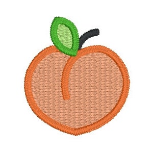 May include: A peach with a green leaf and a brown stem. The peach is orange with a light orange outline.