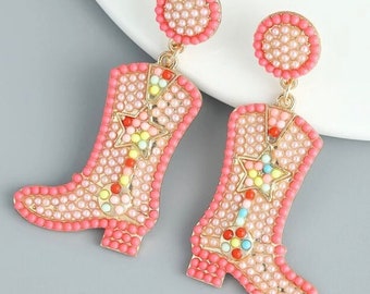 Pink Pearl Cowgirl Boots Texan Nashville Honky Tonk Beaded Earrings Dangle Stud Bride Wedding Bachelorette Party Engaged Marriage Mrs.