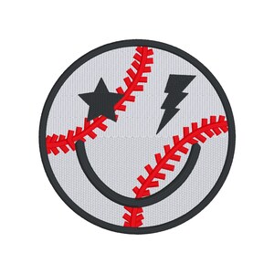 May include: A white baseball with red stitching and a black smiley face. The smiley face has a black star and lightning bolt for eyes.