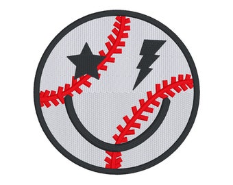 MÚLTIPLES TAMAÑOS-Béisbol Smiley Face Lightning Star GRUESO- Descarga instantánea Diseño de bordado de máquina