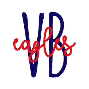 May include: A blue and red monogram with the letters "VB" and the word "eagles" in red cursive script.