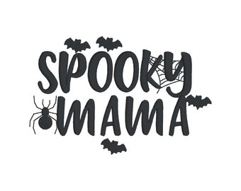 May include: Black and white graphic design with the text "Spooky Mama" and images of bats and a spider web.