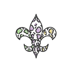 May include: A black and white fleur-de-lis with a purple, green, and yellow leopard print pattern.