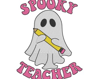 May include: A white ghost holding a yellow pencil with the words "Spooky Teacher" in pink letters.