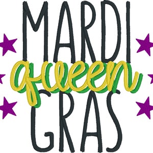 May include: Mardi Gras queen text with green and yellow lettering and purple stars.