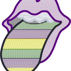 May include: A purple and white striped tongue with green and yellow stripes sticking out of a purple mouth.