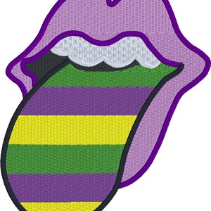May include: A purple, green, and yellow striped tongue sticking out of a purple mouth. The tongue is in the shape of a classic rock and roll tongue.
