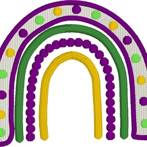 May include: A rainbow with three arches in purple, green, and yellow. The arches are decorated with white polka dots, purple beads, and green and yellow circles.