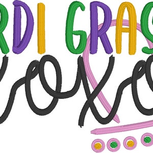 May include: A colourful Mardi Gras design featuring the words "MARDI GRAS" in purple, gold, and green, and "xoxo" in black. A pink heart-shaped design with green and gold accents completes the image.