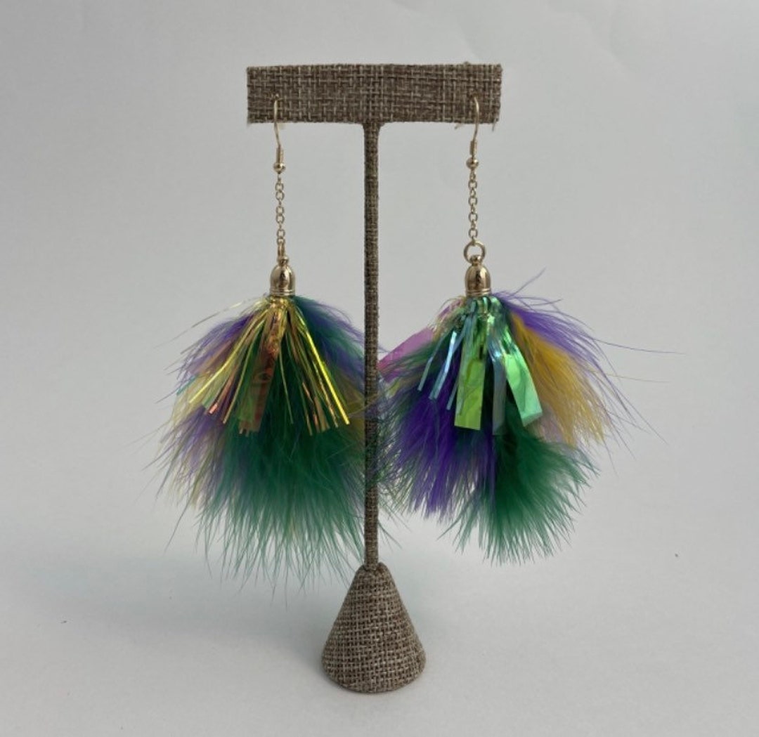 Mardi Gras Feather Tinsel Earrings Carnival Parade Nola Louisiana Fat