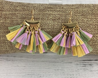 Mardi Gras Pastel Straw Tassel Earrings Carnival Parade Nola Louisiana Fat Tuesday