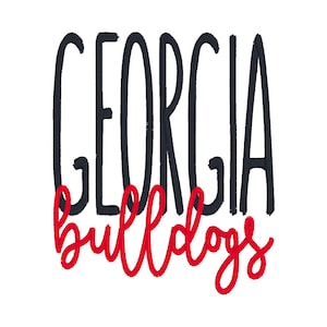 May include: Black and white text that reads "GEORGIA" with red text that reads "bulldogs" underneath.