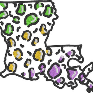 May include: An embroidered design of the state of Louisiana in a leopard print pattern. The leopard spots are in shades of green, yellow, and purple, outlined in black. The background is white, and the state outline is also black.